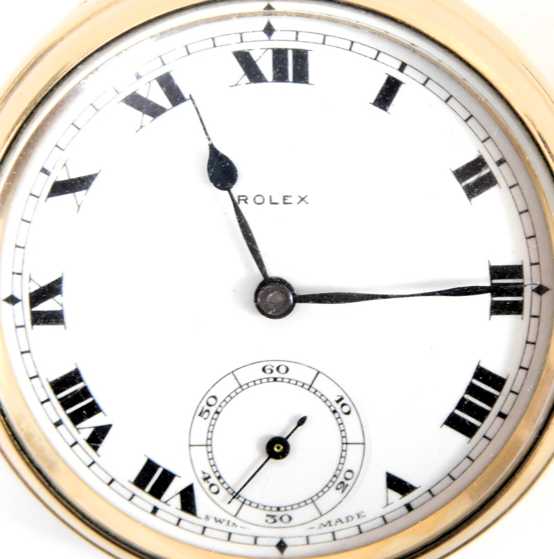 A Rolex gold plated pocket watch, with white enamel Roman numeric dial, seconds dial, and blue - Image 2 of 3
