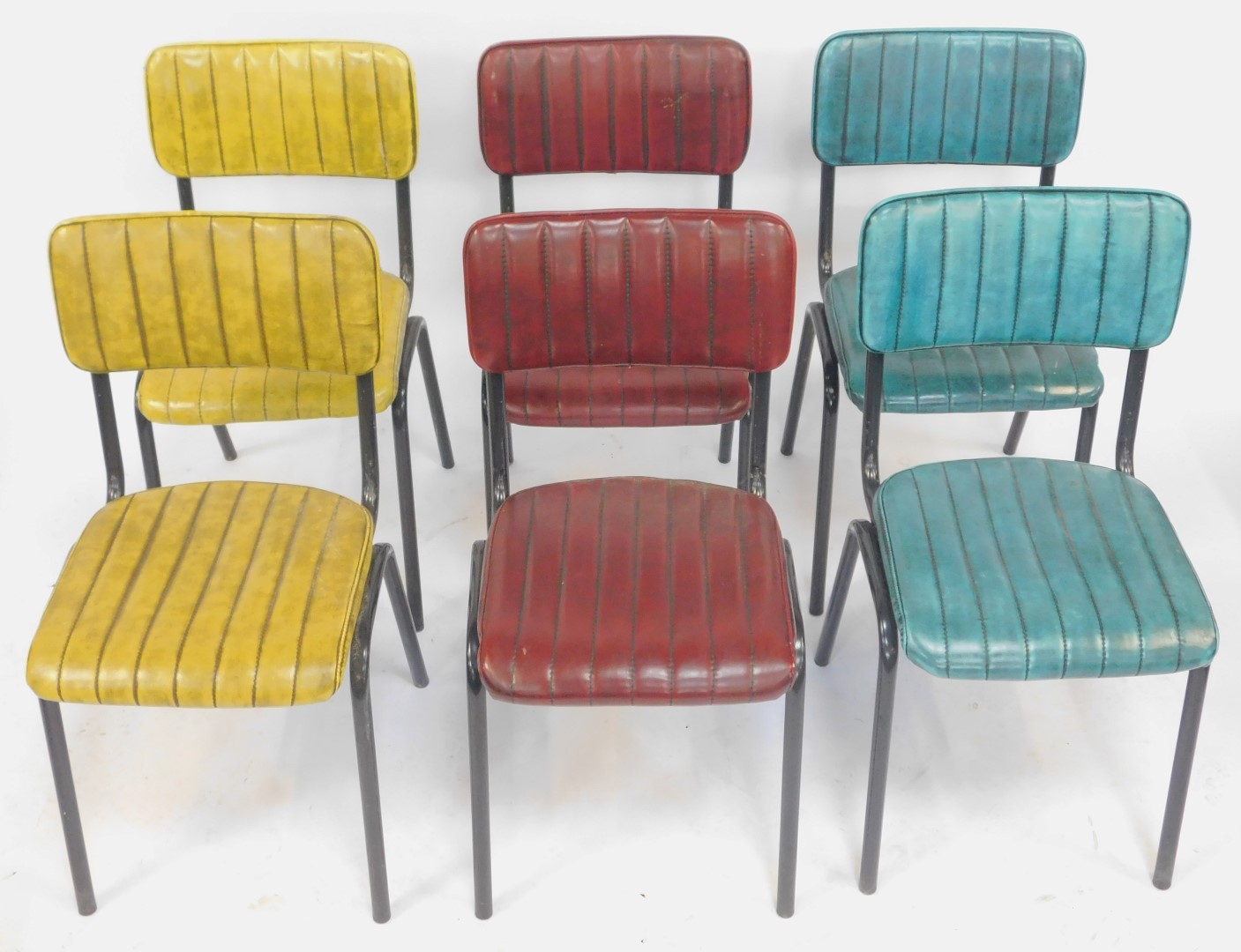 A set of six retro style dining chairs, each with a leatherette upholstered seat and back, in - Image 2 of 2