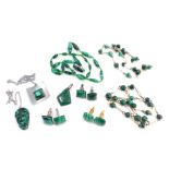 A collection of malachite jewellery, comprising a graduated malachite and green beaded necklace, a