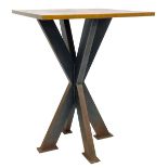 A modern high pub table, the square brass top with various rivets, on a X-shaped metal base, 108cm