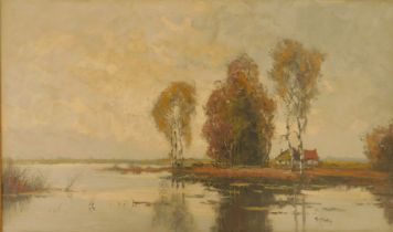 G. Stork (20thC School). River before cottage and trees, oil on canvas, signed, 60cm x 99cm.