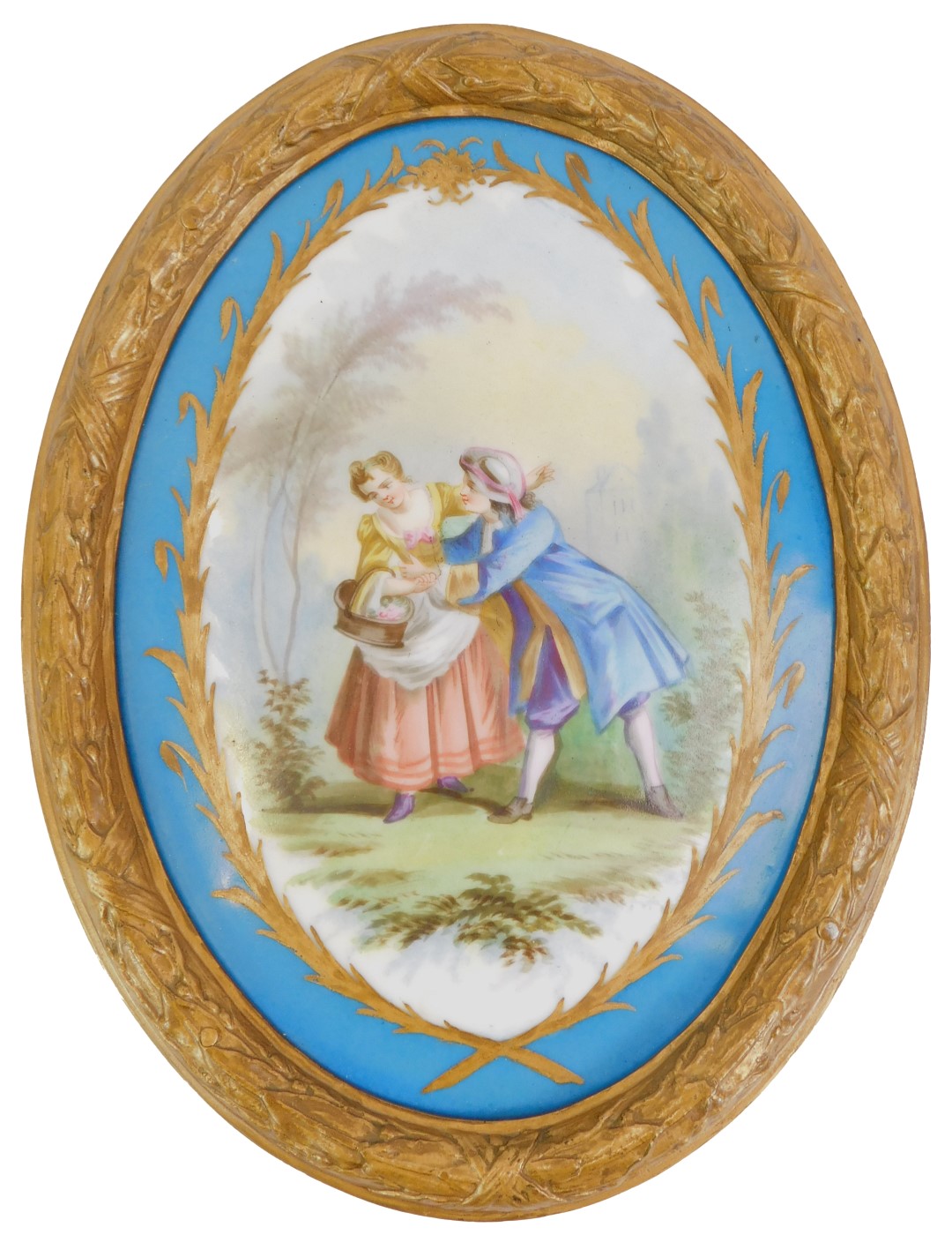 A Sevres style painted porcelain plaque of a male and a female figure carrying a basket of