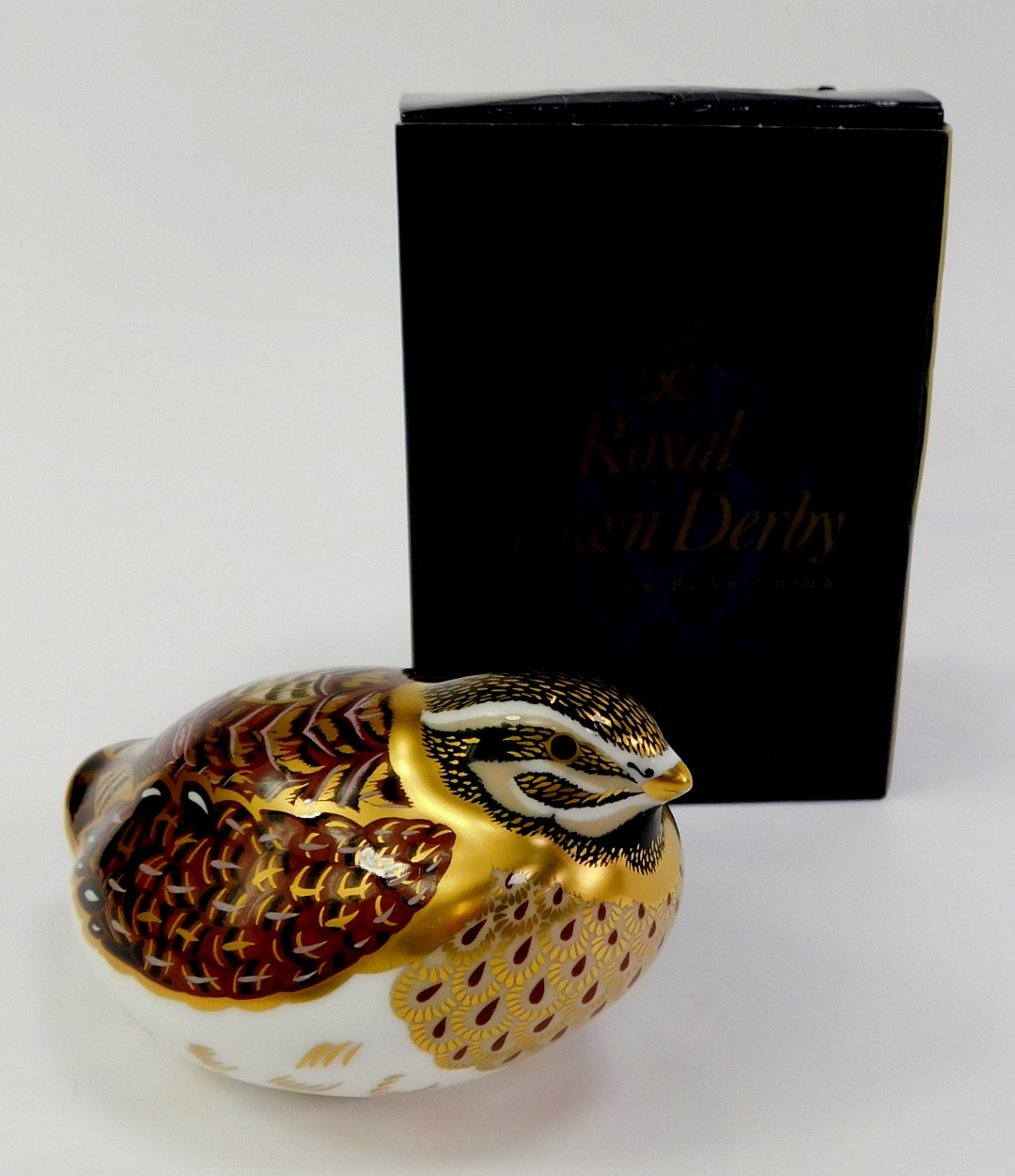 A Royal Crown Derby porcelain dappled quail paperweight, red printed marks and gold stopper, 6.5cm - Image 2 of 3