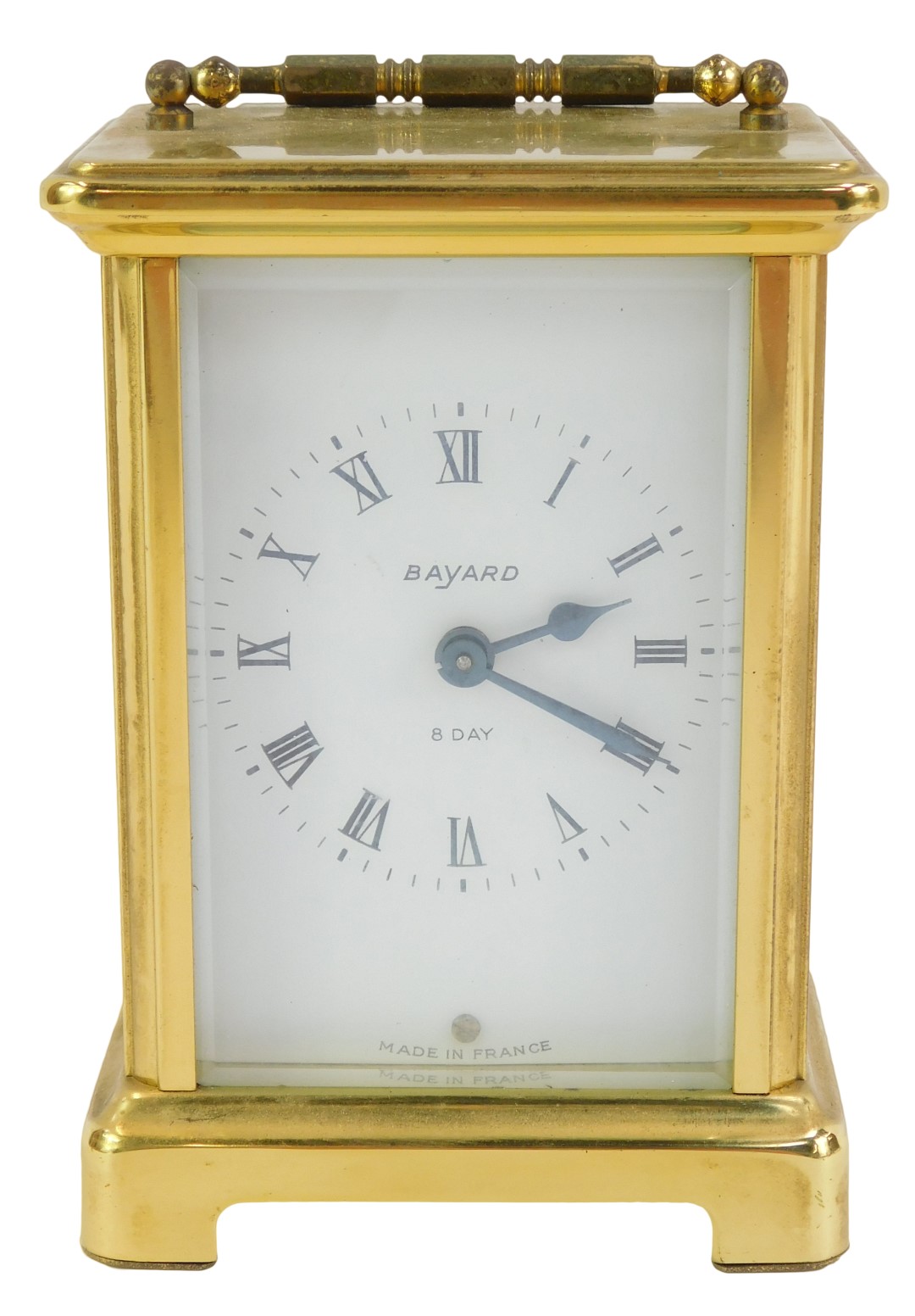 A 20thC Bayard brass cased carriage clock, the square white enamel dial bearing Roman numerals for