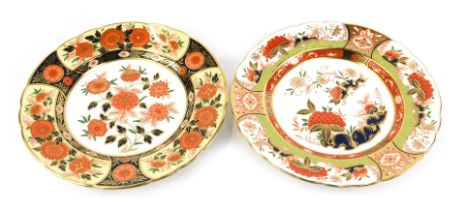 Two Royal Crown Derby porcelain plates, decorated in the Antique Chrysanthemum pattern, and the