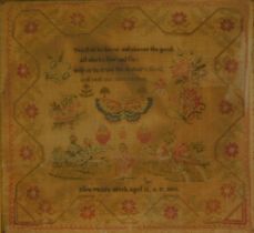 A 19thC needlework sampler, named to Ellen Mudd aged 13 dated 1860, with religious verse decorated