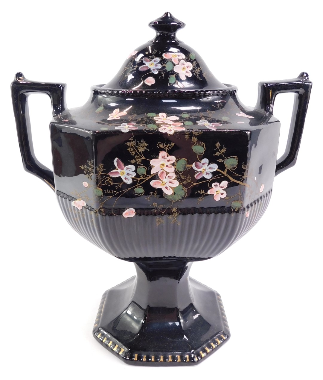 A Victorian pottery two handled samovar, decorated with hand painted flowering branches against a - Image 3 of 5