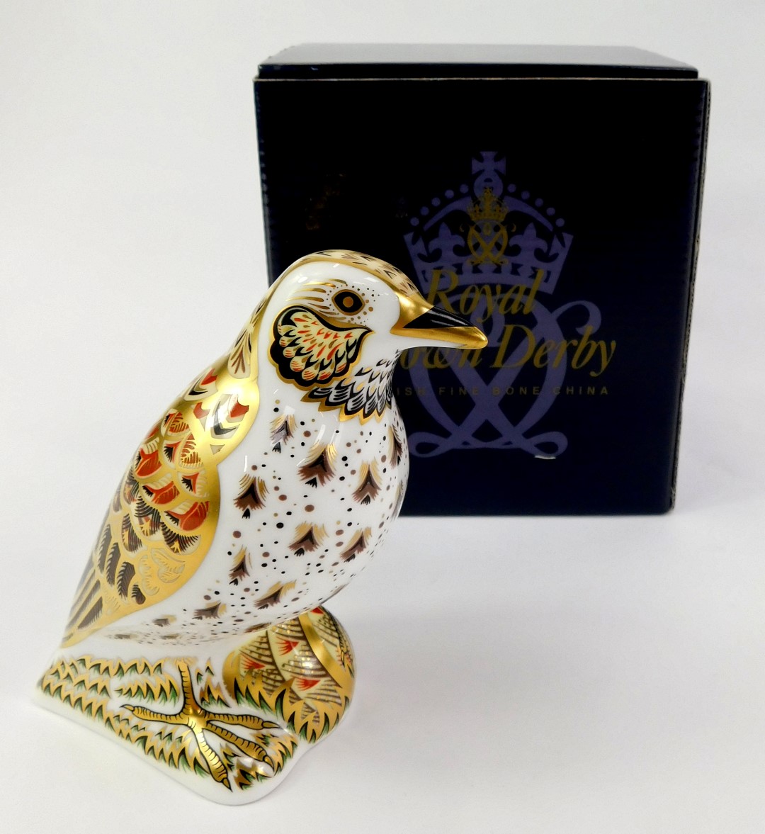 A Royal Crown Derby porcelain song thrush paperweight, red printed marks and gold stopper, 11cm - Image 2 of 3
