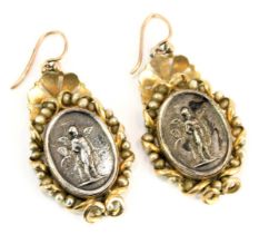 A pair of 19thC Neo Classical coin mounted drop earrings, each in elaborate Pinchbeck frame set with