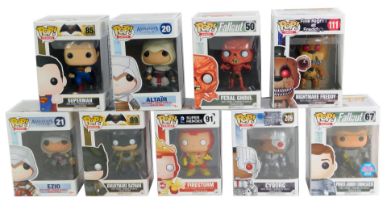 Pop! Games figures, comprising Nightmare Batman, Fire Storm, Cyborg, Super Man, Altair, Ezio,