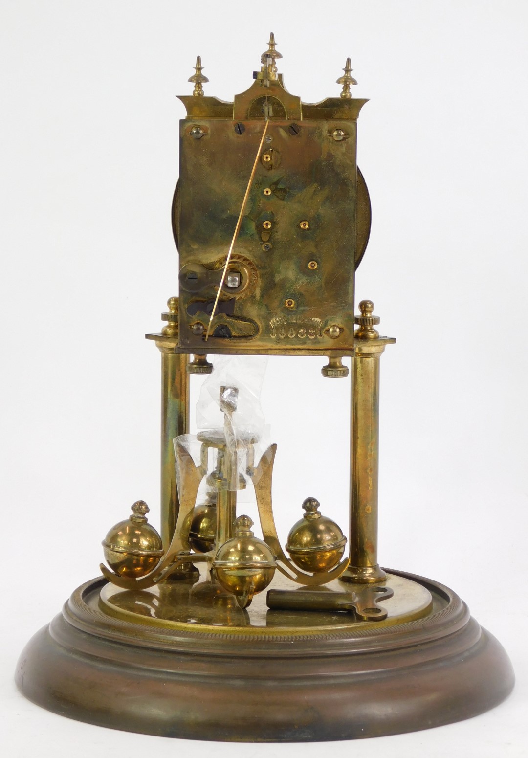 A 20thC brass anniversary clock, the cream circular enamel dial bearing Arabic numerals, barrel - Image 2 of 3