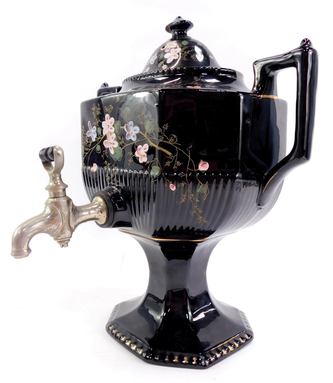A Victorian pottery two handled samovar, decorated with hand painted flowering branches against a - Image 2 of 5