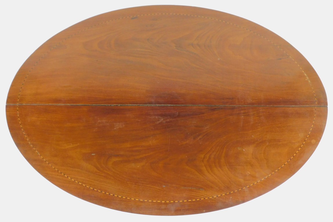 A late 19thC mahogany side table, the oval top with ebony and boxwood inlay, the base with a - Image 3 of 4