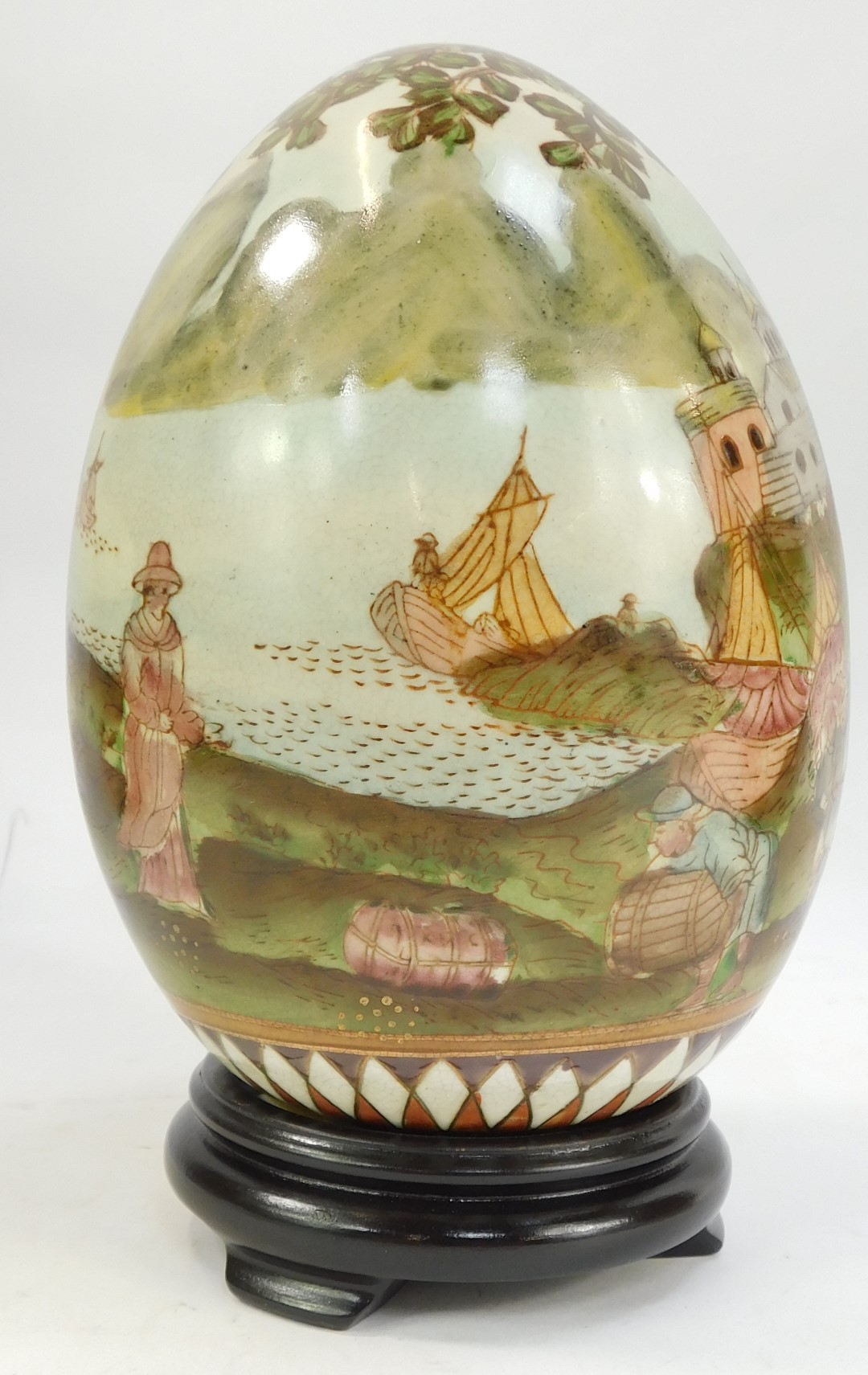 A pair of Oriental ceramic vases, each decorated with figures before river and buildings, - Image 2 of 3
