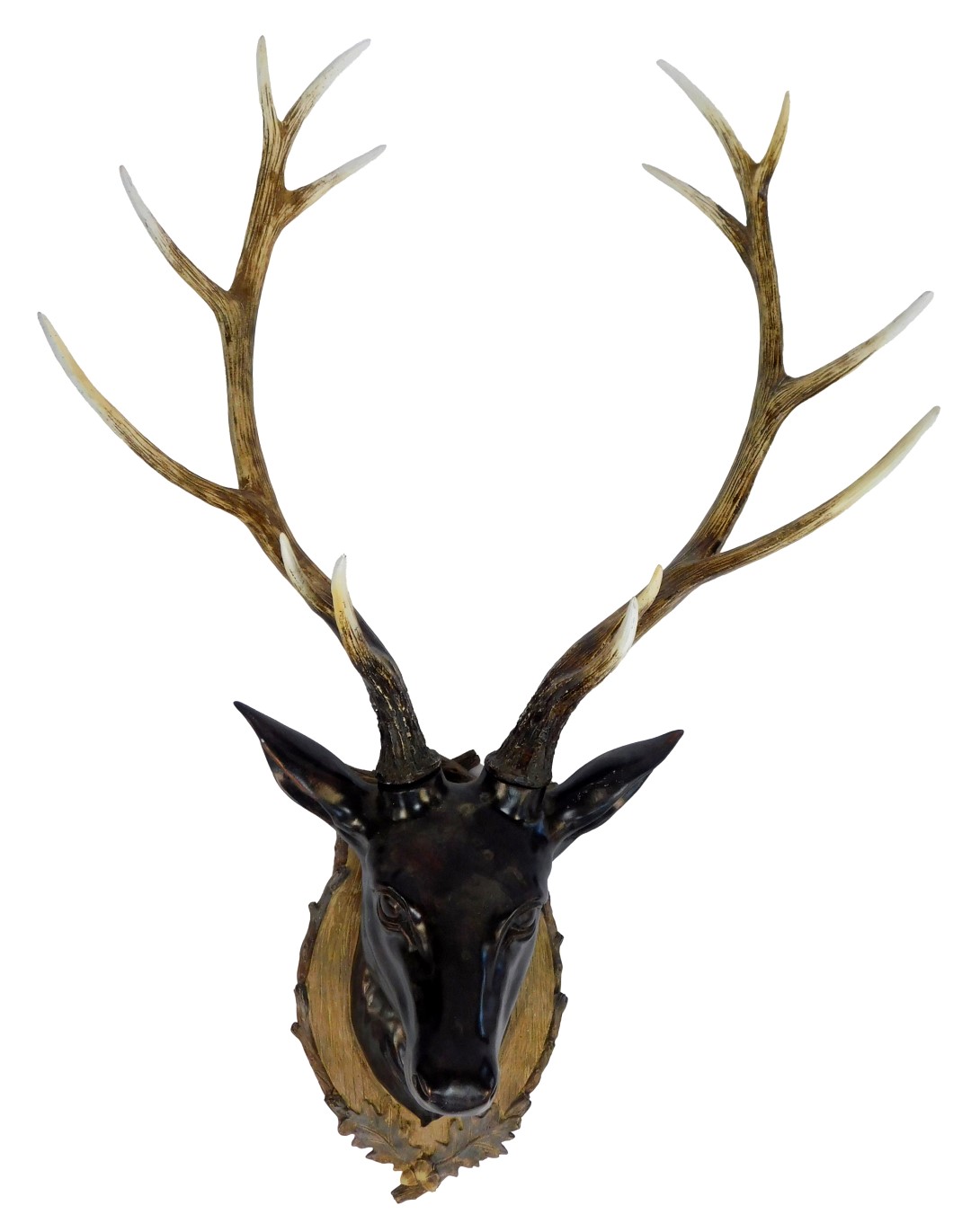 A 20thC decorative deer's head, the moulded plastic face and neck with bronzed effect, moulded