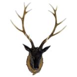 A 20thC decorative deer's head, the moulded plastic face and neck with bronzed effect, moulded