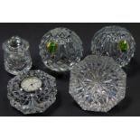 A group of Waterford crystal, comprising a pair of globular candlesticks, 7cm high, miniature