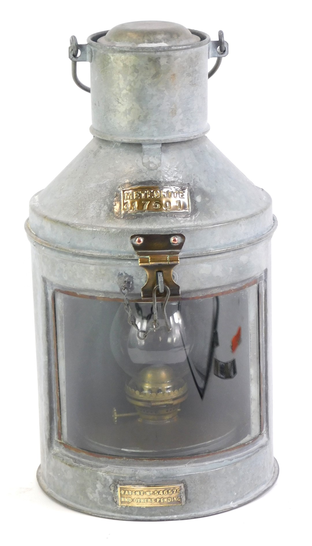 A steel Meteorite ship's lantern, numbered 117501, with brass patent plaque to base, with ring