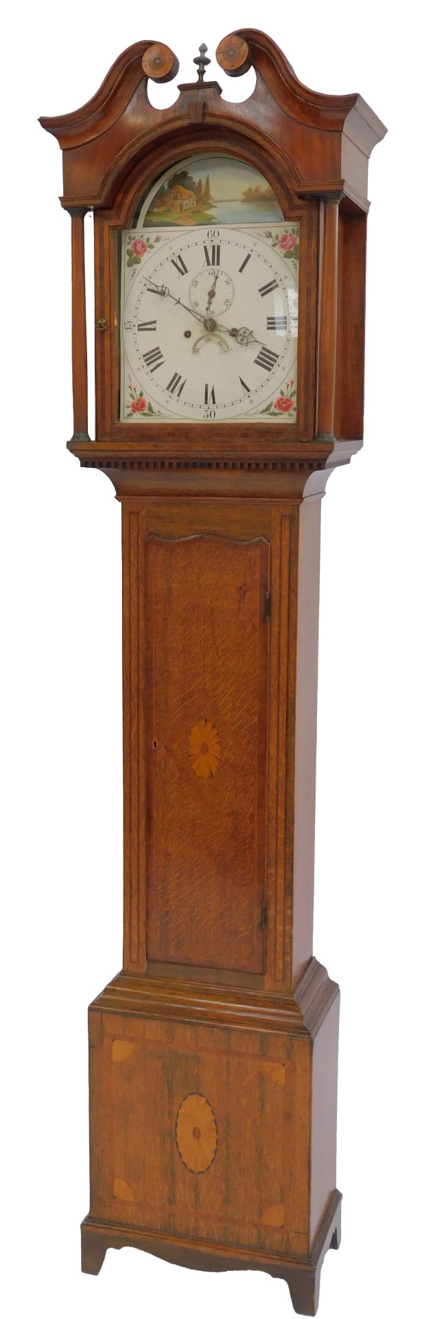 A 19thC oak cased longcase clock, the white enamel dial bearing Roman numerals and Arabic numerals