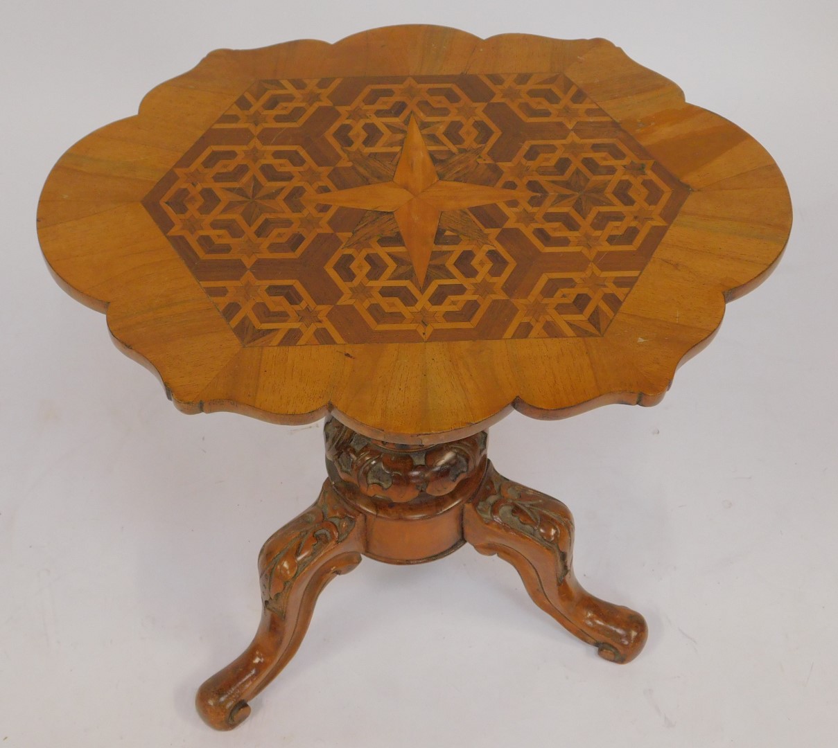 A Victorian walnut occasional table, the shaped walnut top inset with star marquetry, on an - Image 2 of 3