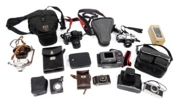 A group of camera and related items, to include a Canon EOS 10 camera in canvas case, Minolta X-