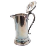 A silver plated communal water flagon, with a hinged lid, with moulded thumb piece, on scroll handle
