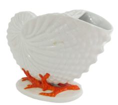 A Copeland porcelain shell shaped spoon warmer, raised on red coral, on a circular base, impressed