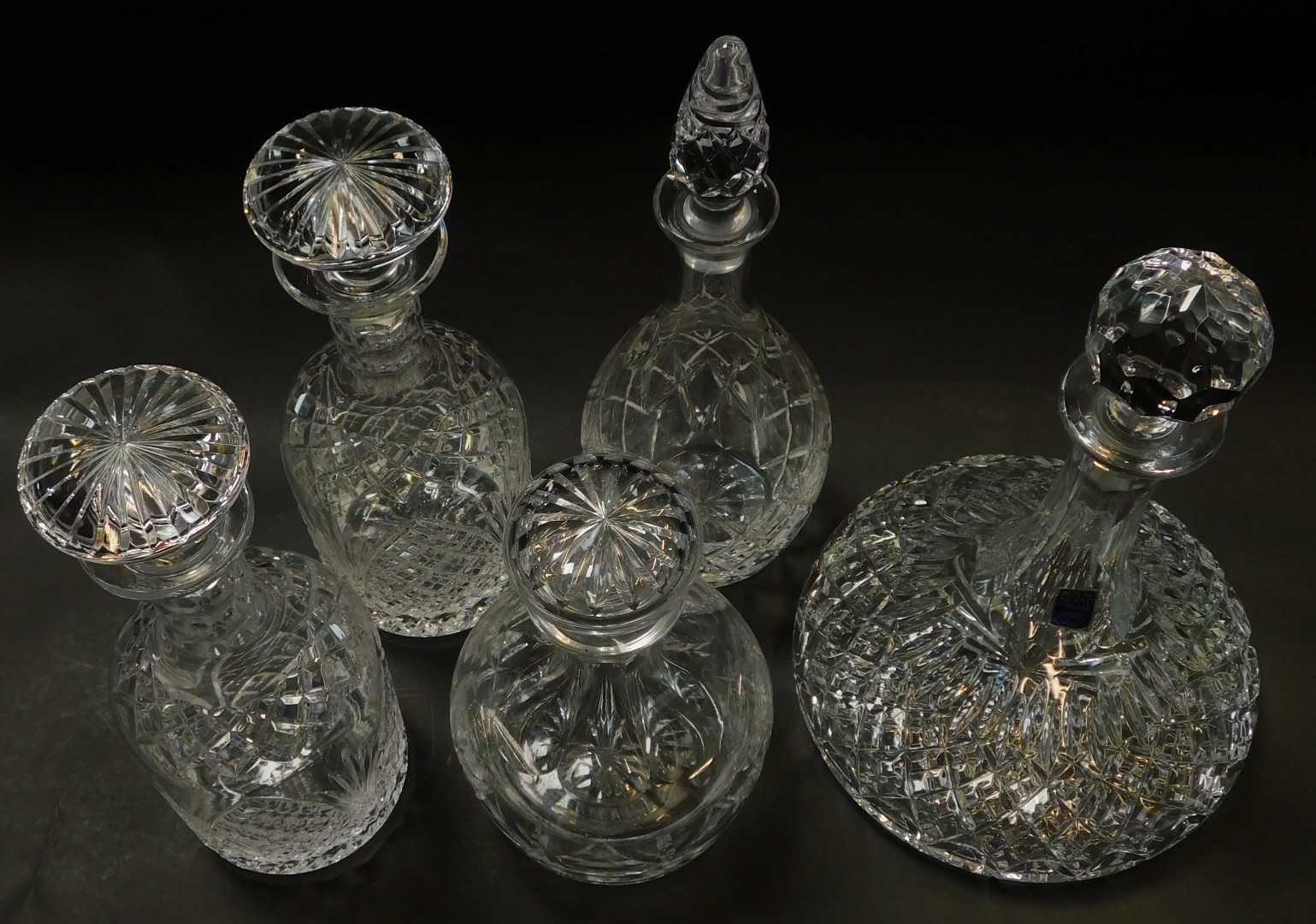 A pair of Stewart crystal cut glass decanters, each of cylindrical form with elongated neck, with - Image 2 of 3