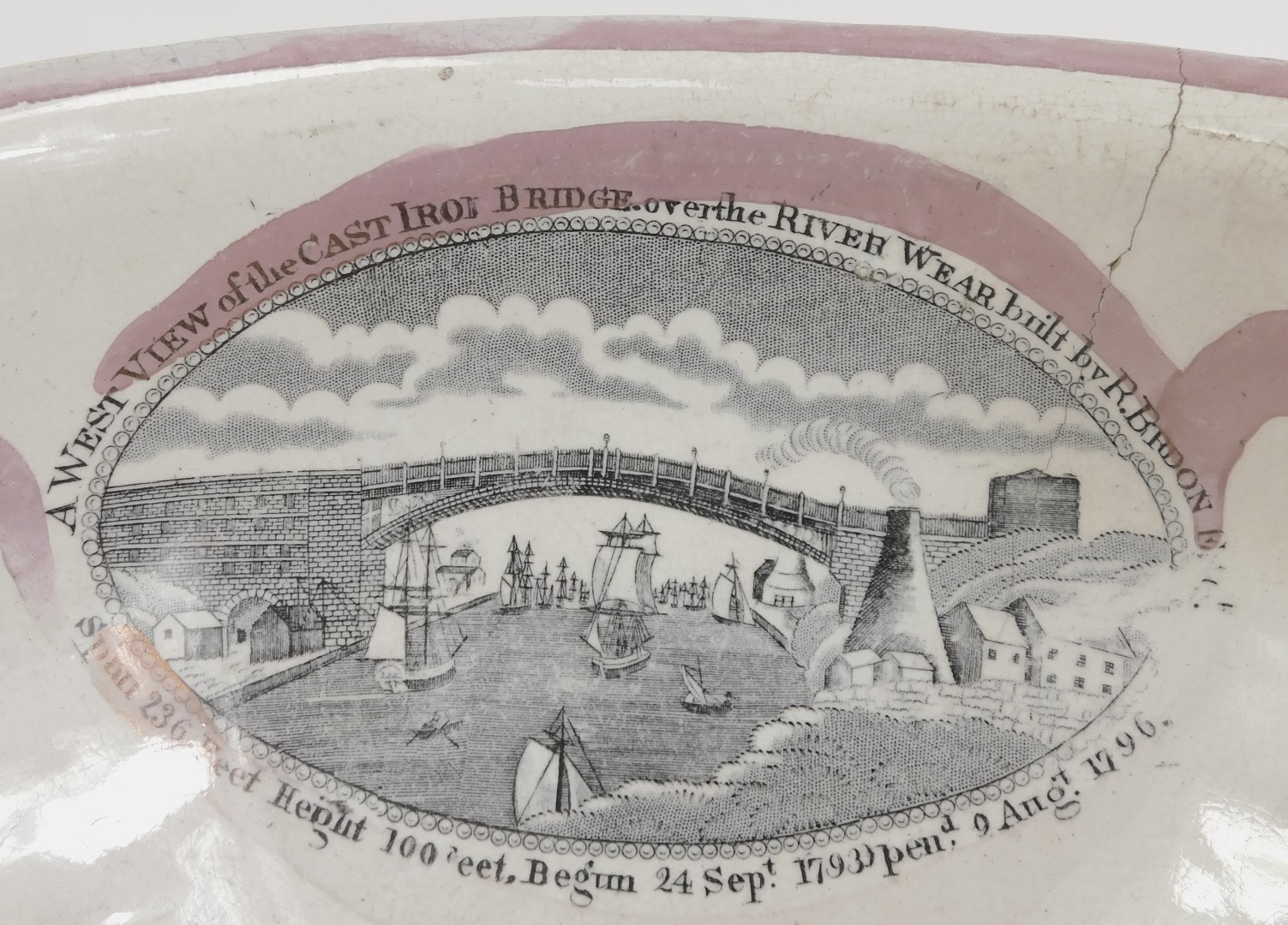 A 19thC pottery Sunderland pedestal bowl, depicting West View of the Cast Iron Bridge over the River - Image 3 of 3