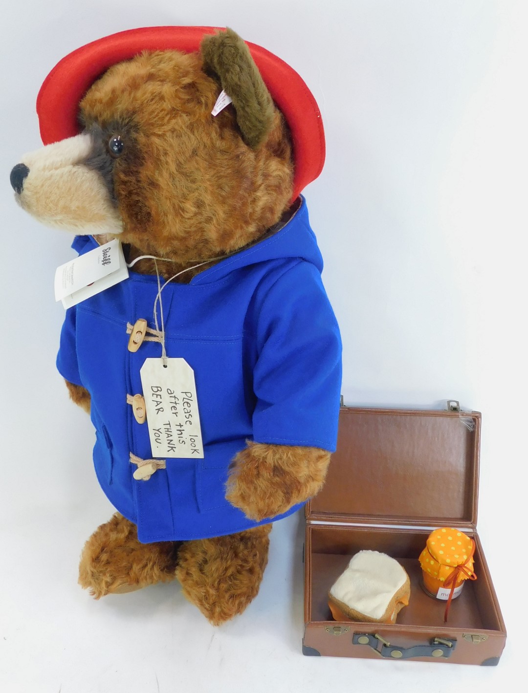 A Steiff mohair Paddington Bear, with suitcase, plush marmalade sandwich and glass jar of orange - Image 3 of 4
