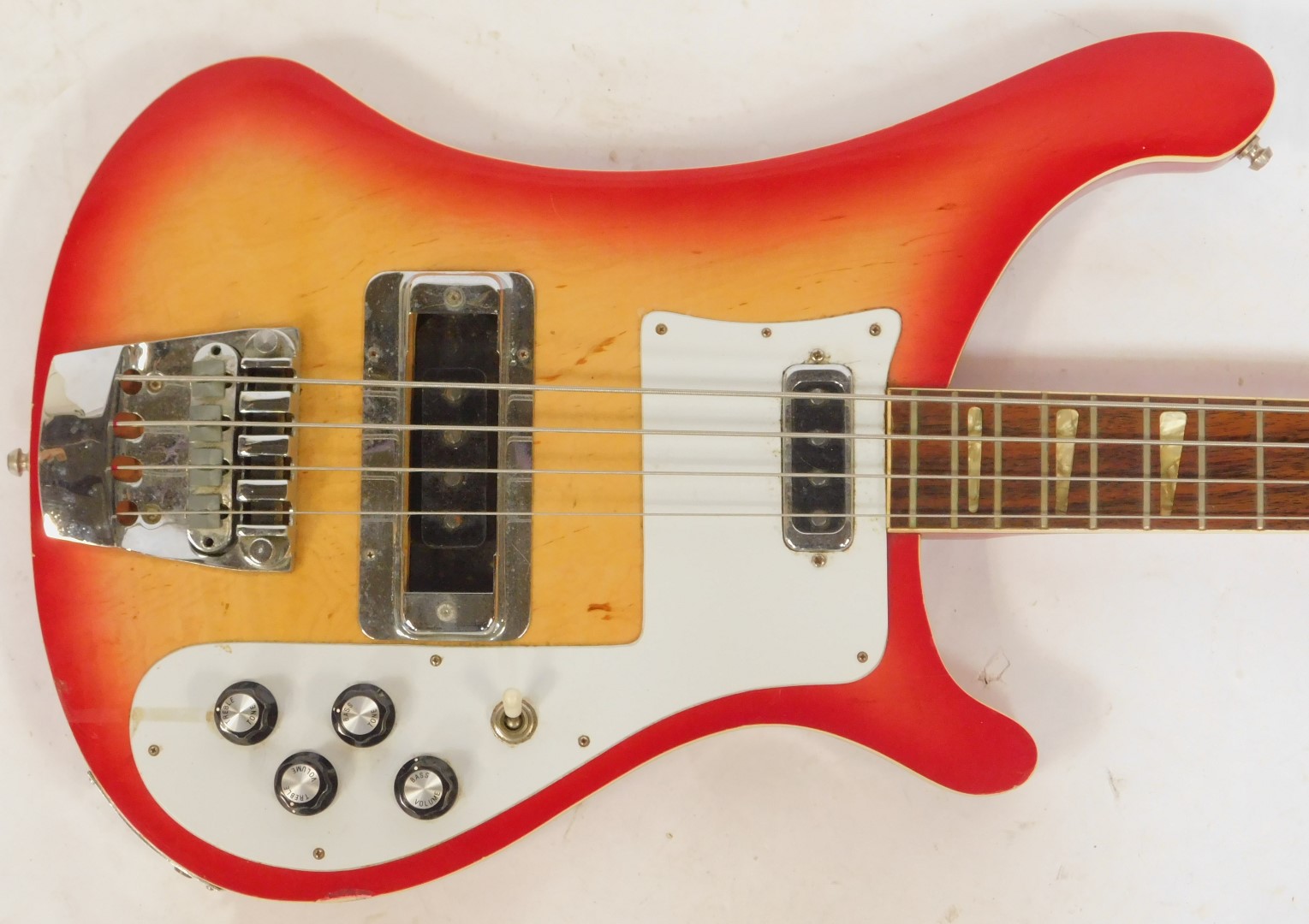 A Rirkenbacker electric bass guitar, the body in red, with the front panel fading to a yellow, the - Image 2 of 7