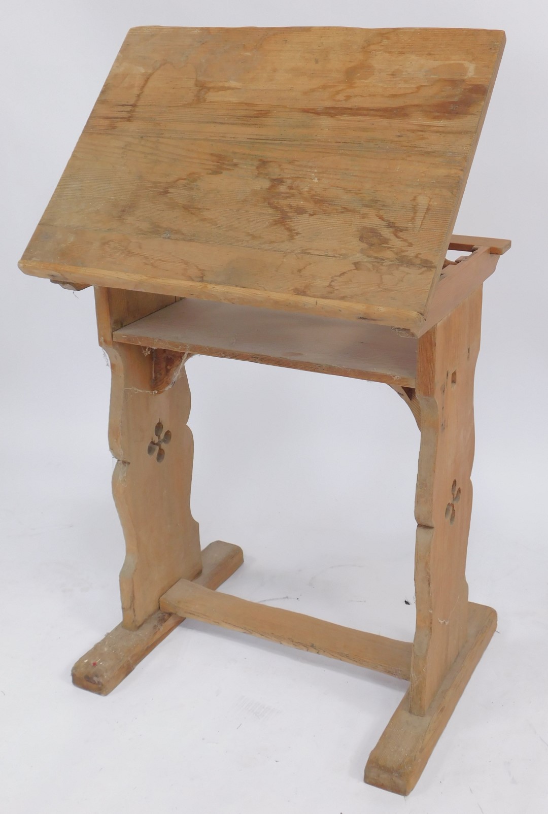 A pine lectern, the rectangular top, strut support with under tier, raised on two carved and pierced - Image 3 of 3