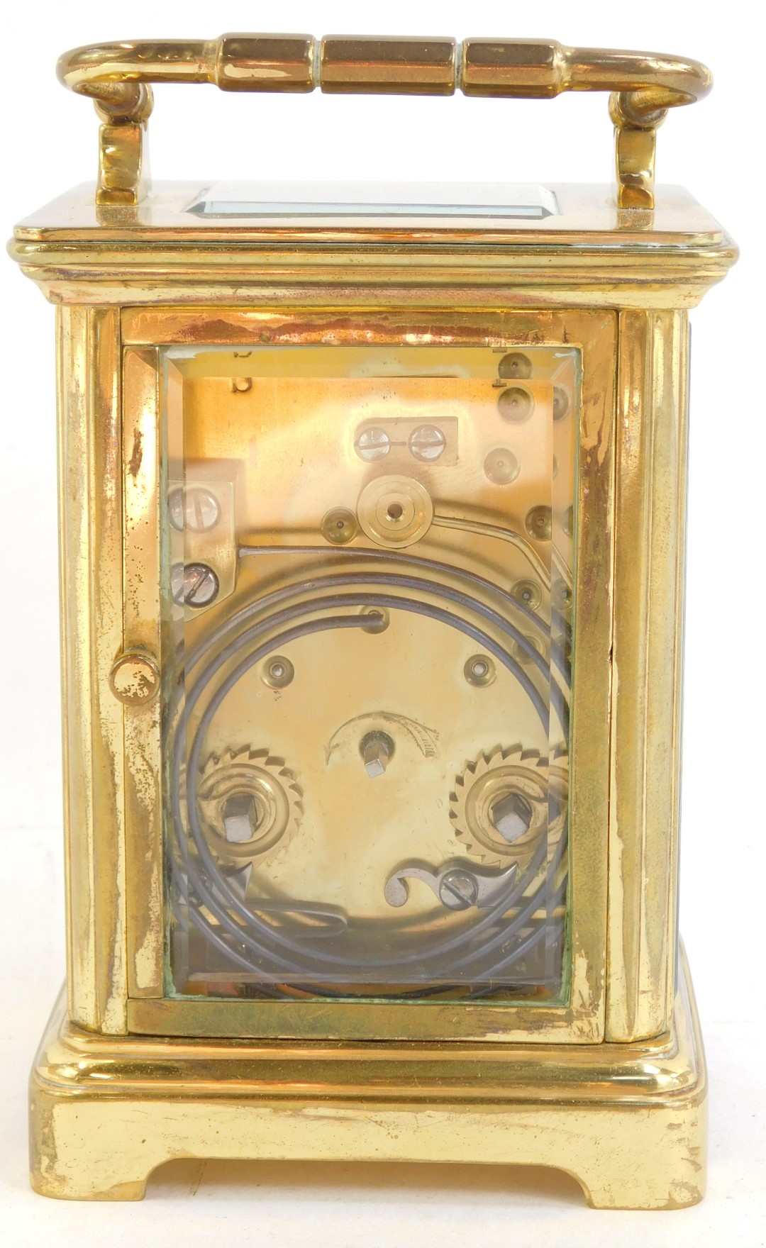 An early 20thC brass cased carriage clock, the square white enamel dial bearing Roman numerals, - Image 3 of 4