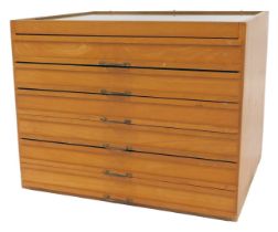 A beech tabletop haberdashery cabinet, the top with a glass panel, base with six drawers, each