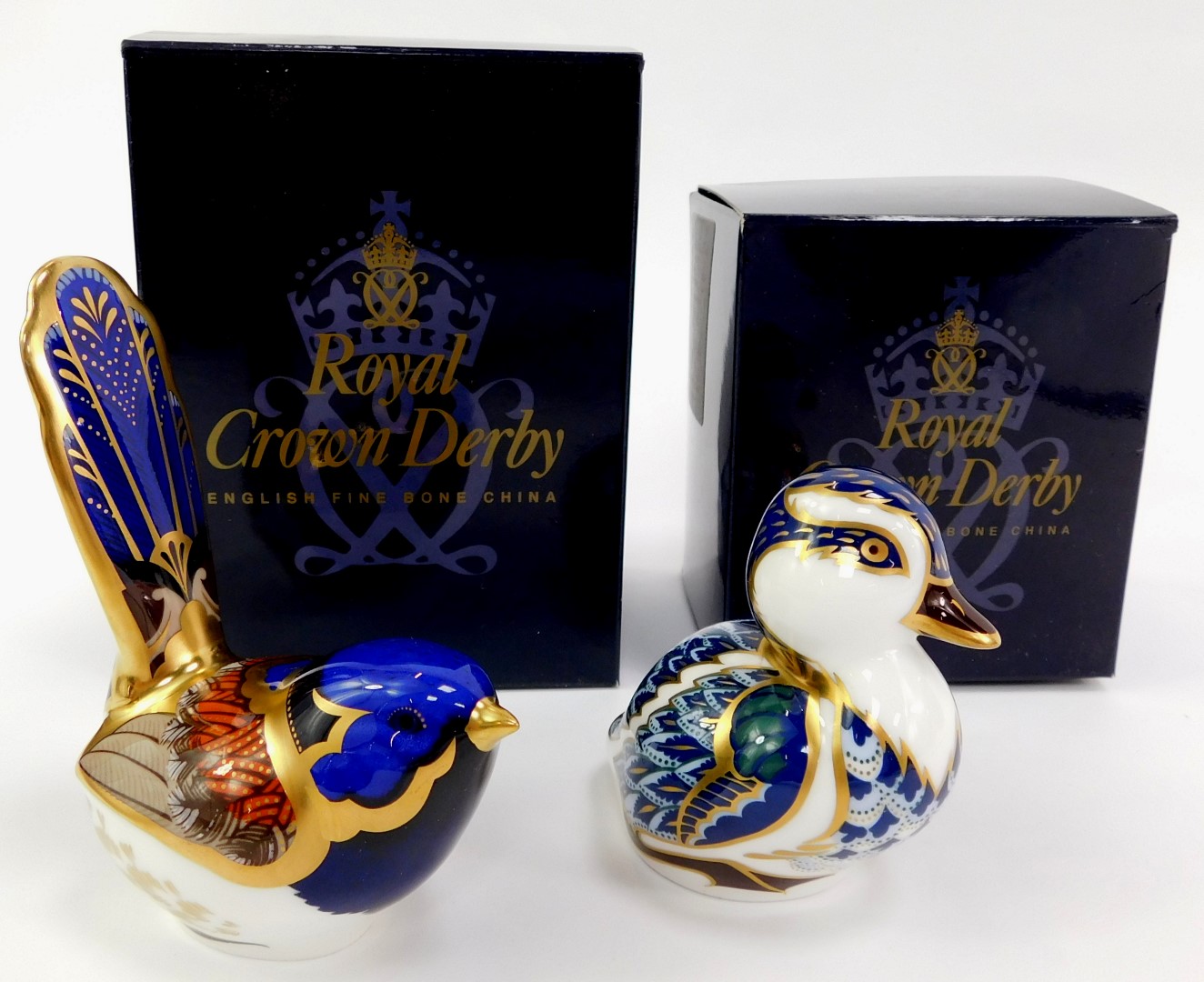 Two Royal Crown Derby porcelain bird paperweights, comprising Fairy Wren, red printed marks and gold - Image 2 of 3