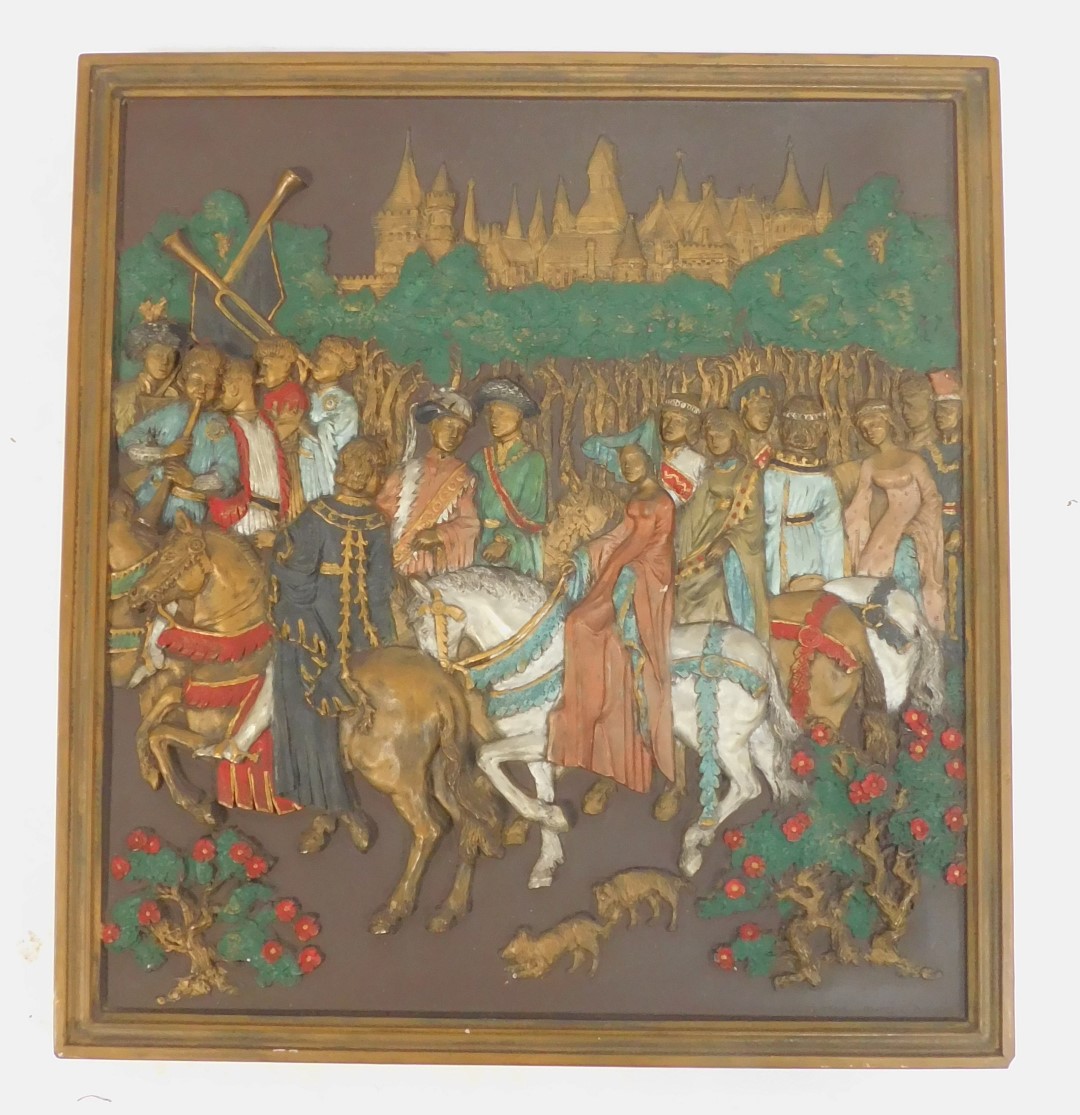 Three Marcus Designs cast metal and painted wall plaques, depicting medieval figures on horseback, - Image 2 of 4