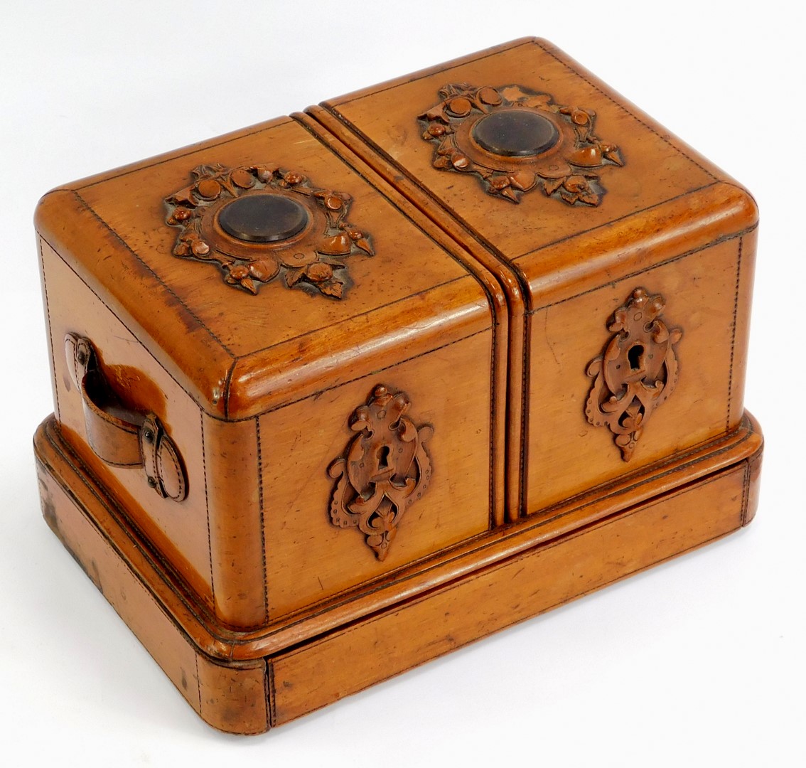 A 19thC fruitwood box, the rectangular top with carved raised decoration depicting roundels within a - Image 2 of 3