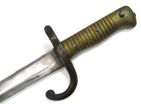 An 1866 pattern French Chassepot sword bayonet, with brass grip, and black painted metal scabbard,