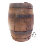 An oak barrel, possibly for whisky, metal banded with steel tap, 36cm high.