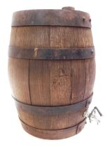 An oak barrel, possibly for whisky, metal banded with steel tap, 36cm high.