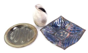 A group of studio pottery, comprising a square dish, in blue and pink glaze, signed to underside