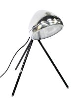 A mid century King Road chrome plated lamp, the head of circular form bearing crest, on tripod base,