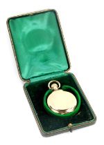 A gold plated full Hunter pocket watch, the outer case of plain design, with white enamel Roman