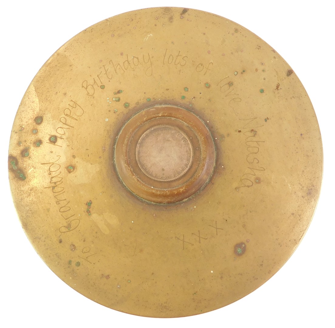 Trench Art. A World War One brass shell case, inset centrally with a coin dated 1918 and engraved To - Image 2 of 3