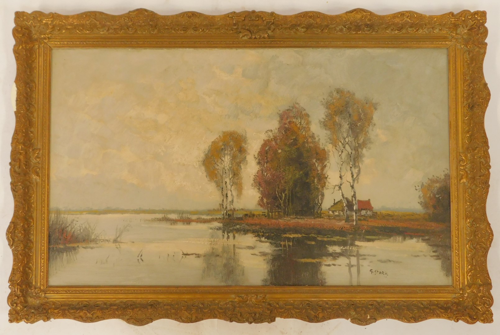 G. Stork (20thC School). River before cottage and trees, oil on canvas, signed, 60cm x 99cm. - Image 2 of 5