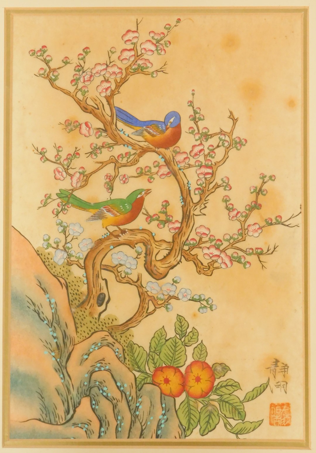 Oriental School. Three pictures depicting two birds on water, birds on flowering tree, and two - Image 2 of 9