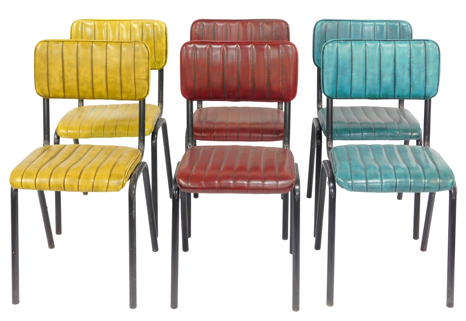 A set of six retro style dining chairs, each with a leatherette upholstered seat and back, in