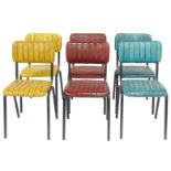 A set of six retro style dining chairs, each with a leatherette upholstered seat and back, in