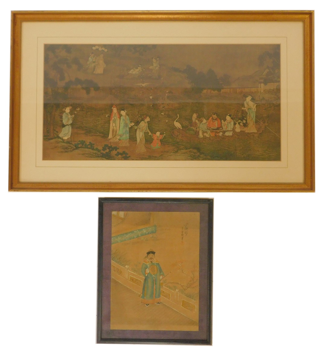 Chinese School. Figures drinking tea before pagoda, and further figures walking, etc., print, 24cm x
