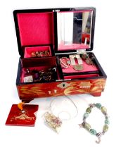 An Oriental painted jewellery box and contents, comprising threepence piece bracelet, costume